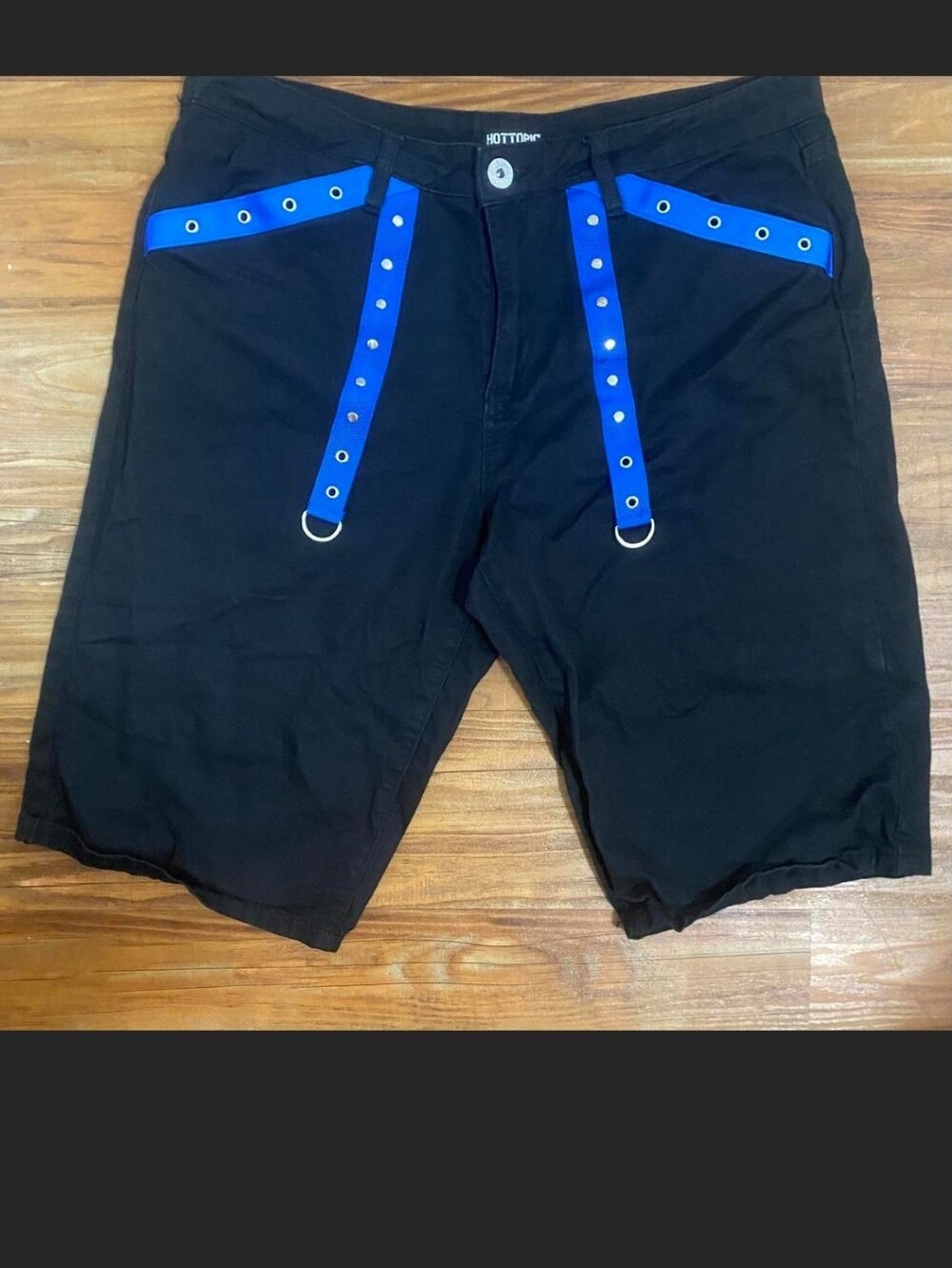 Hot Topic Black Men's Shorts with Bright Blue Straps and Grommets